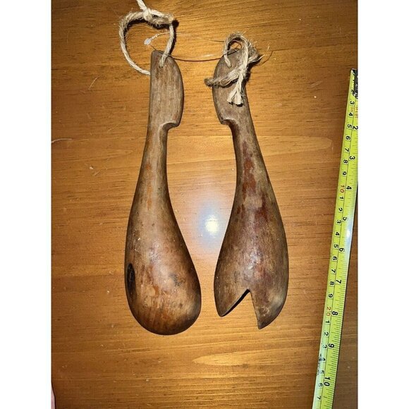 Vintage MCM Wooden Fork & Spoon Salad Serving Set Hand Made Rustic Cabin Cottage - Picture 4 of 4